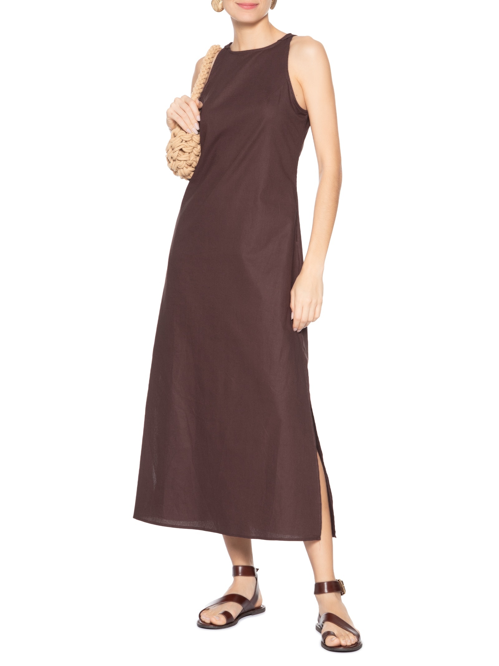 Vestido Midi Trapézio Com Linho Marrom Basiq