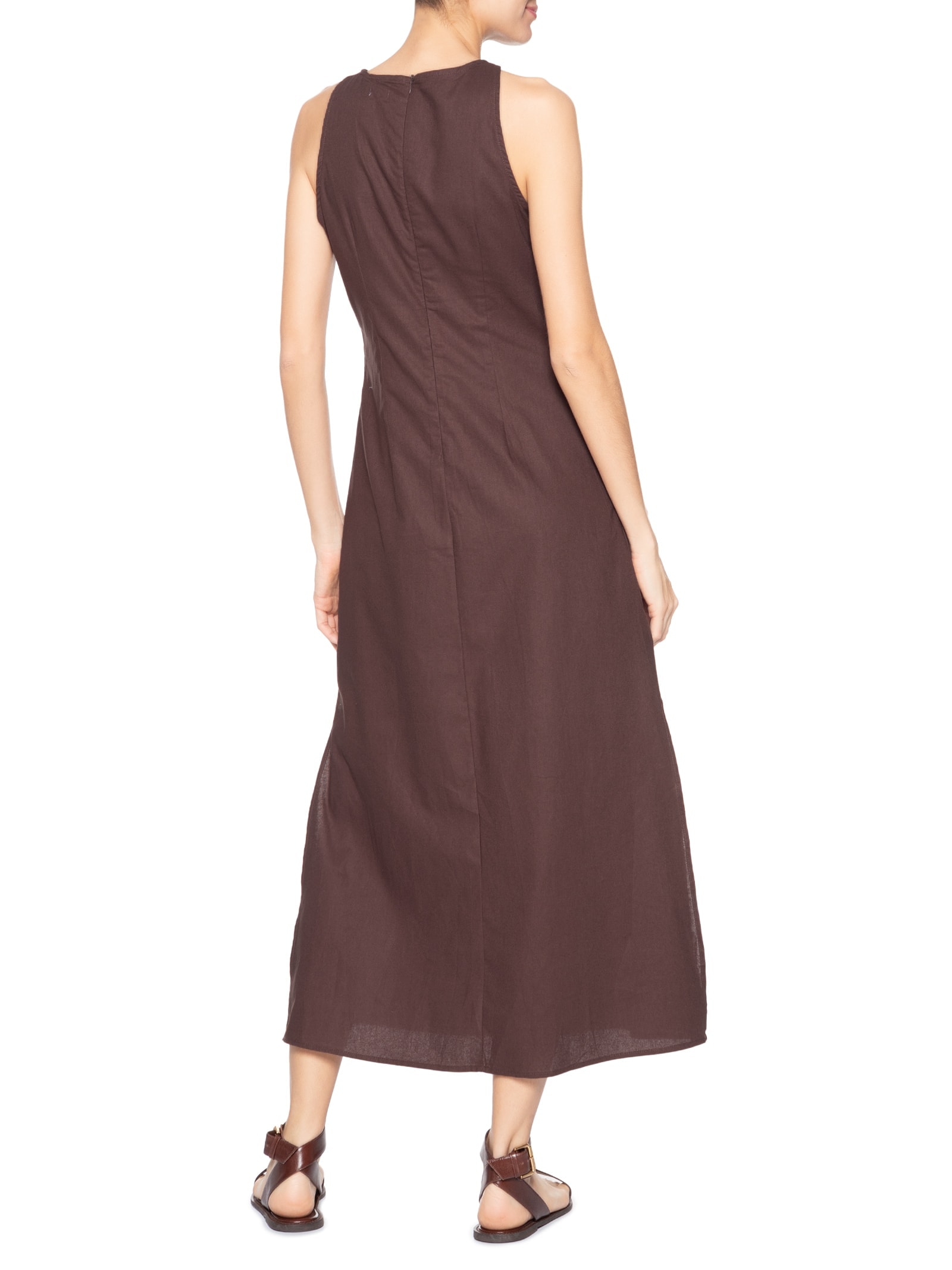 Vestido Midi Trapézio Com Linho Marrom Basiq