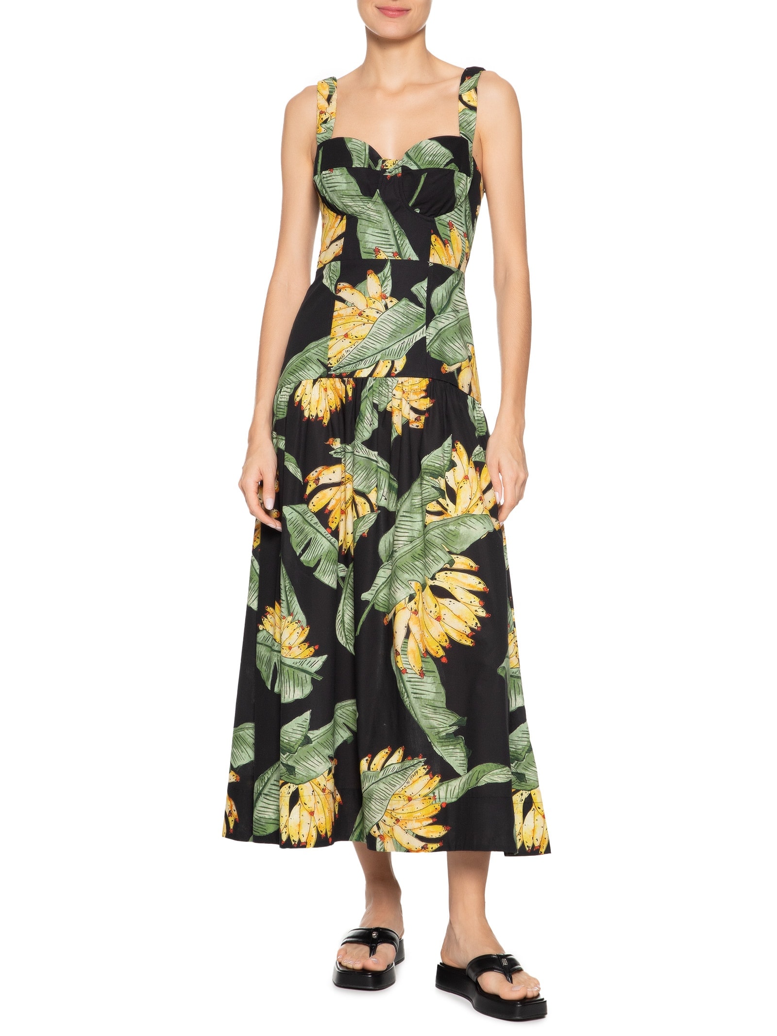 Vestido Midi Tricoline Estampa Paraíso Preto Dress To