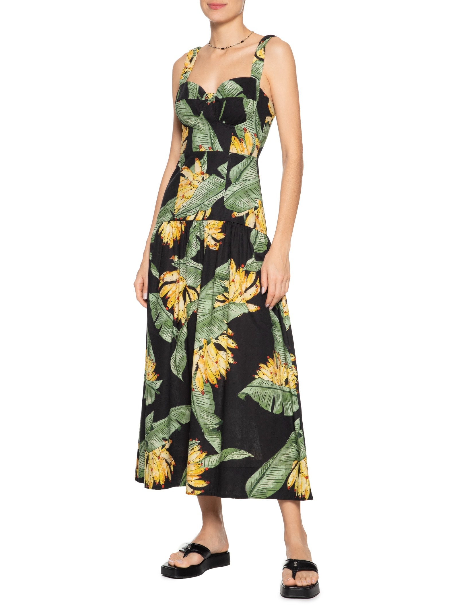 Vestido Midi Tricoline Estampa Paraíso Preto Dress To