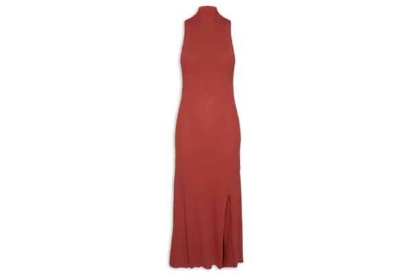 Vestido Midi Tricot Canelado Recortes - Vermelho