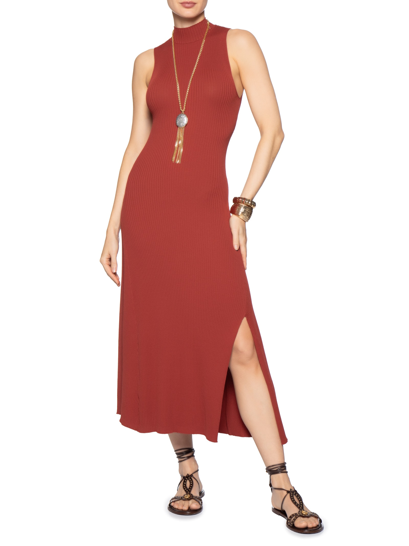Vestido Midi Tricot Canelado Recortes Vermelho Animale