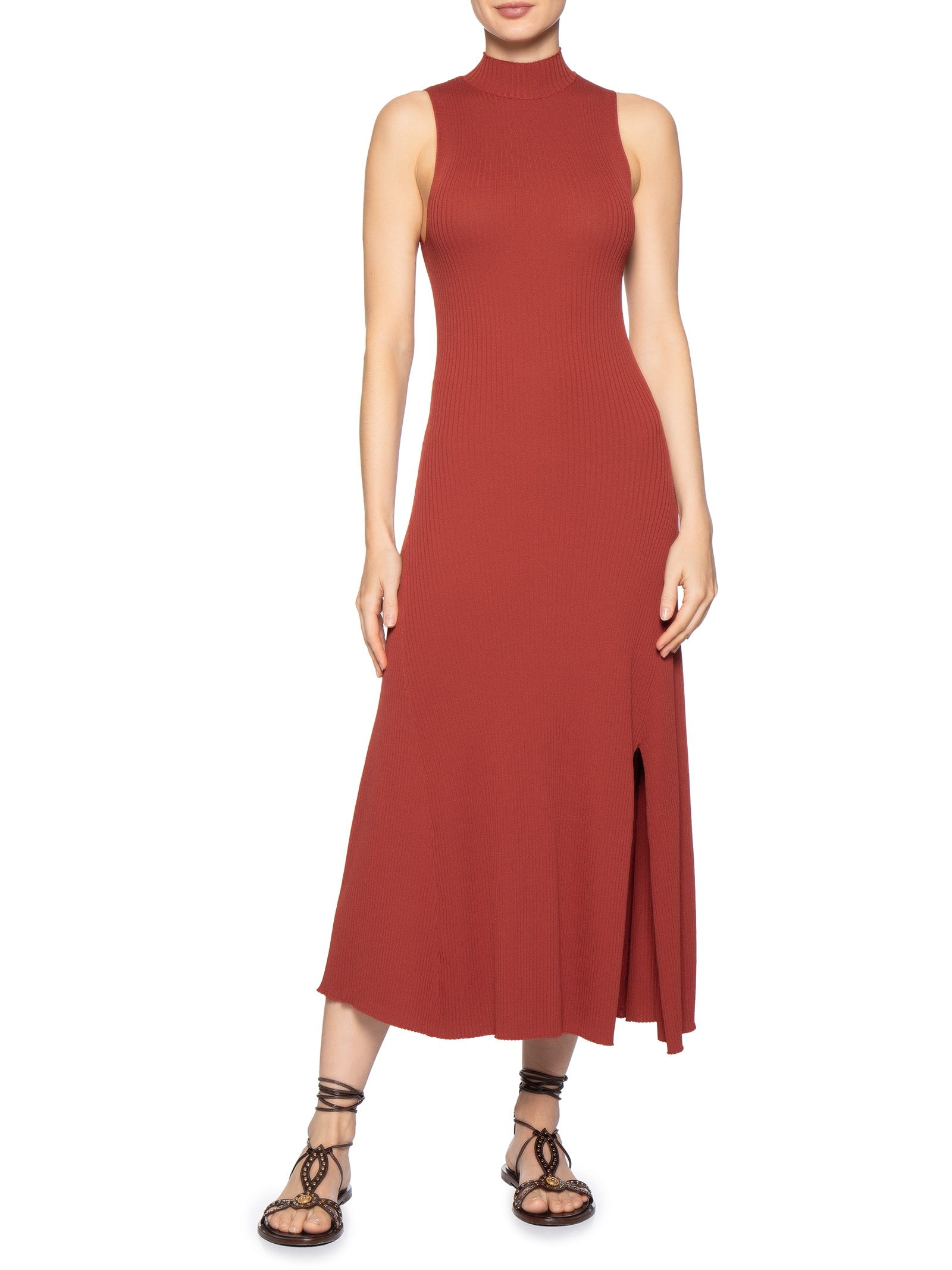 Vestido Midi Tricot Canelado Recortes Vermelho Animale