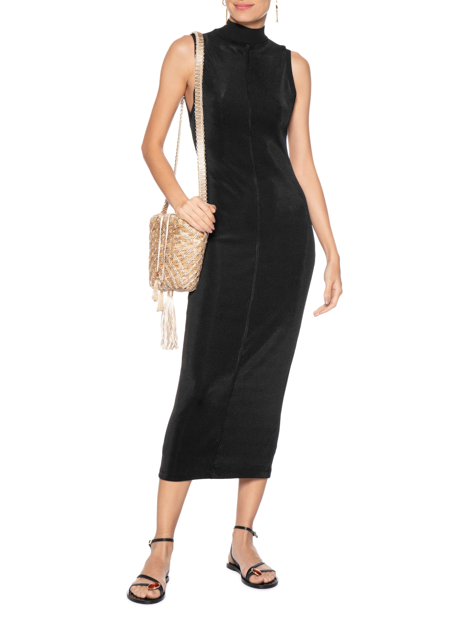 Vestido Midi Tricot Malha Gola Alta Preto Dress To