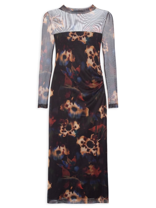 Vestido Midi Tule Floral Glitch - Preto