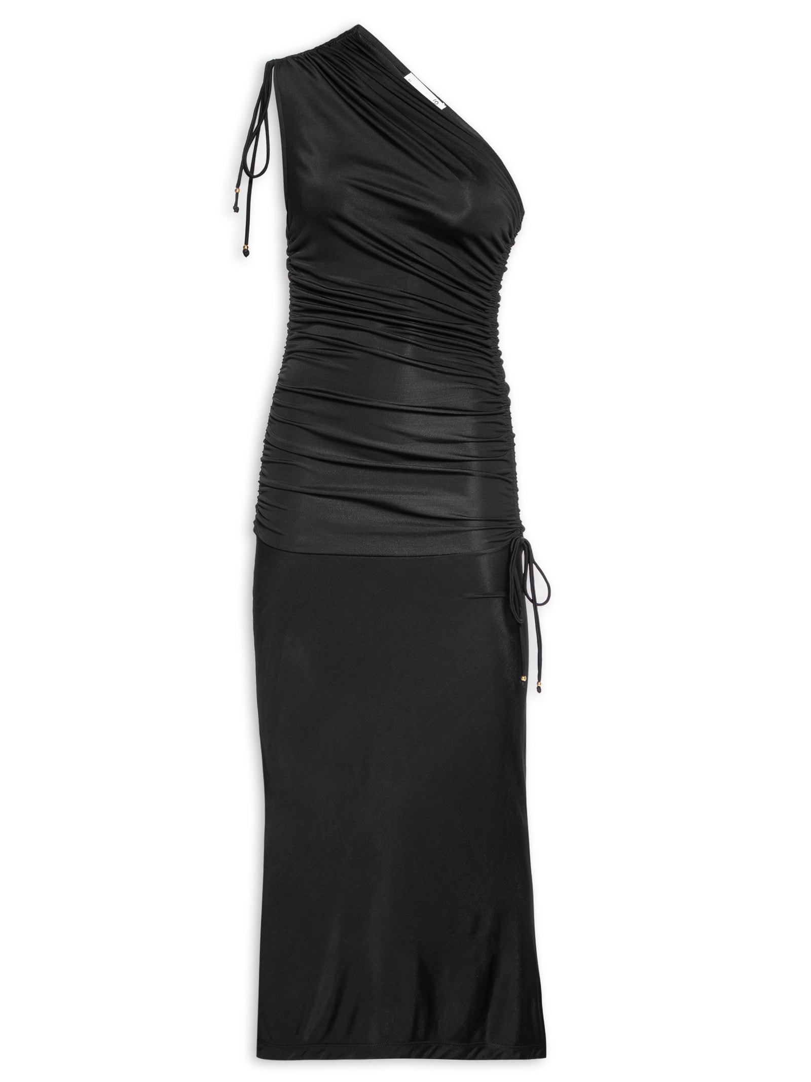 Vestido Midi Um Ombro Só Com Franzidos Preto '2Essential