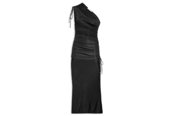 Vestido Midi Um Ombro Só Com Franzidos - Preto