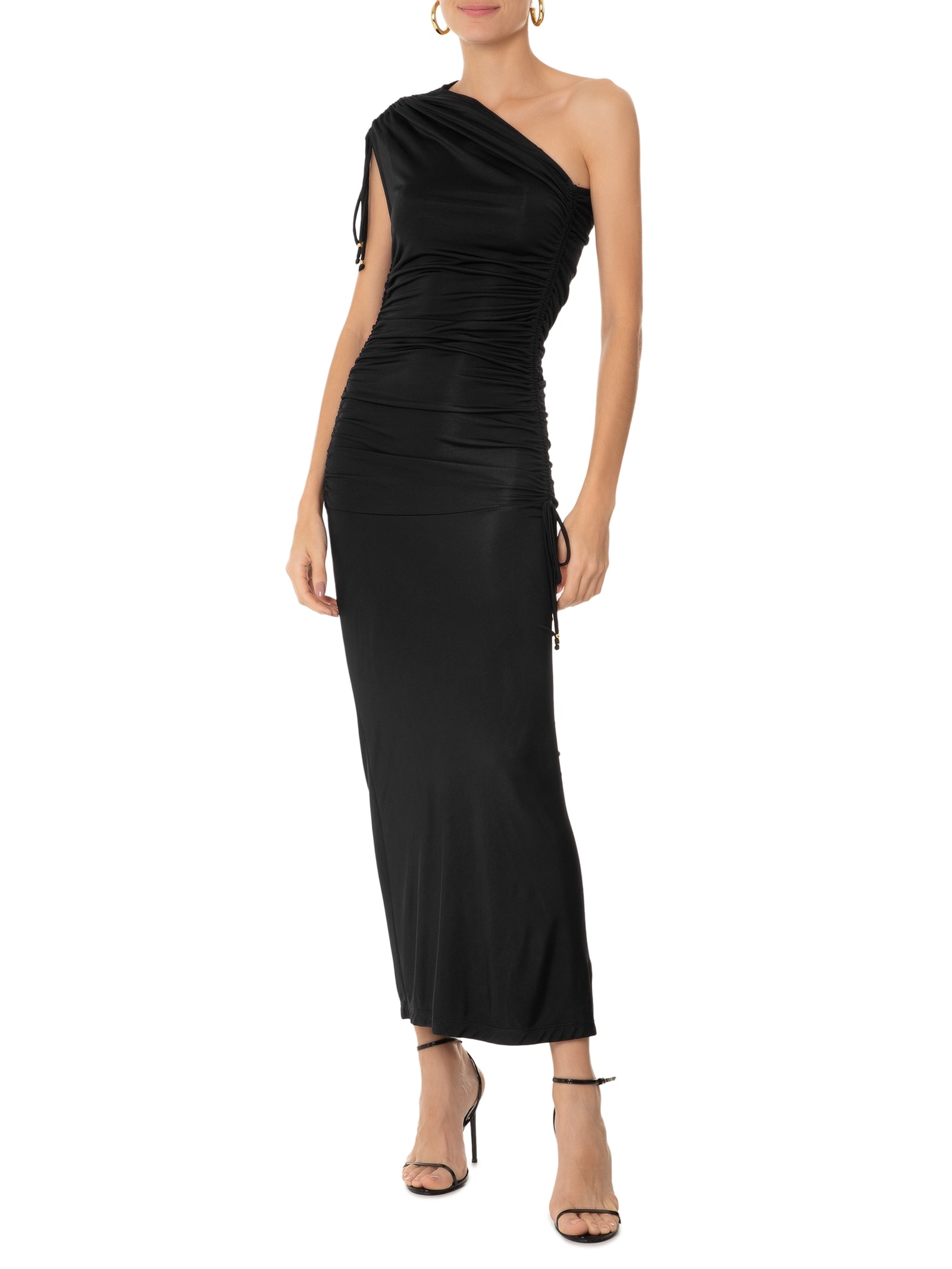 Vestido Midi Um Ombro Só Com Franzidos Preto '2Essential