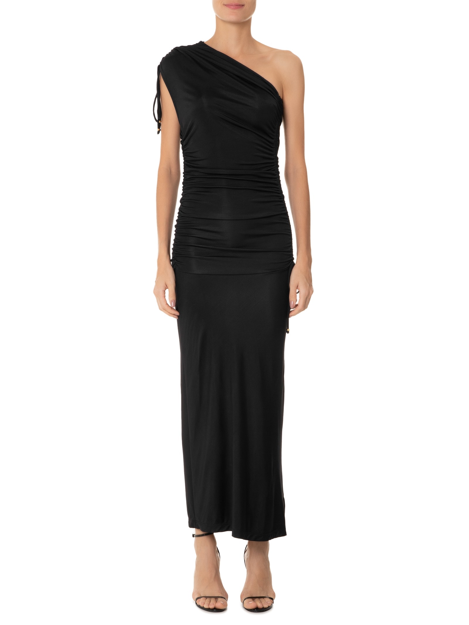 Vestido Midi Um Ombro Só Com Franzidos Preto '2Essential