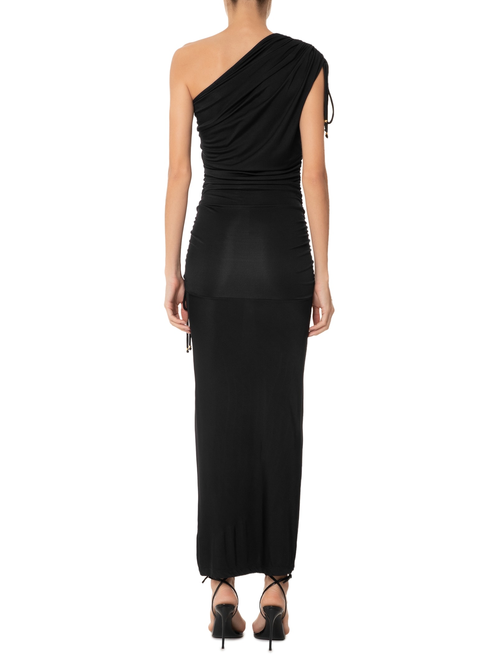 Vestido Midi Um Ombro Só Com Franzidos Preto '2Essential