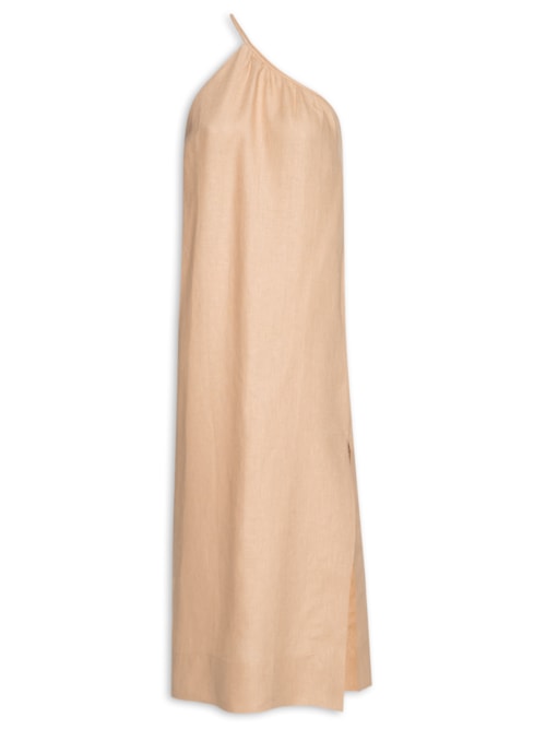 Vestido Midi Um Ombro Só Linho Natural – Bege
