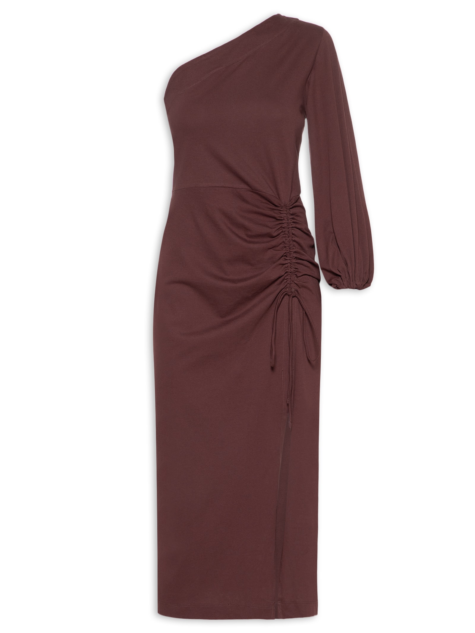 Vestido Midi Um Ombro Só Manga Longa Boho Marrom Animale
