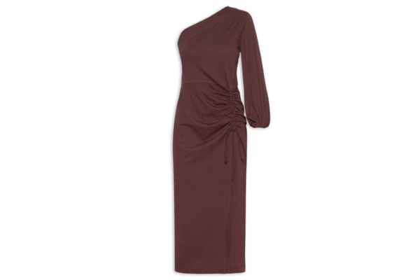 Vestido Midi Um Ombro Só Manga Longa Boho - Marrom