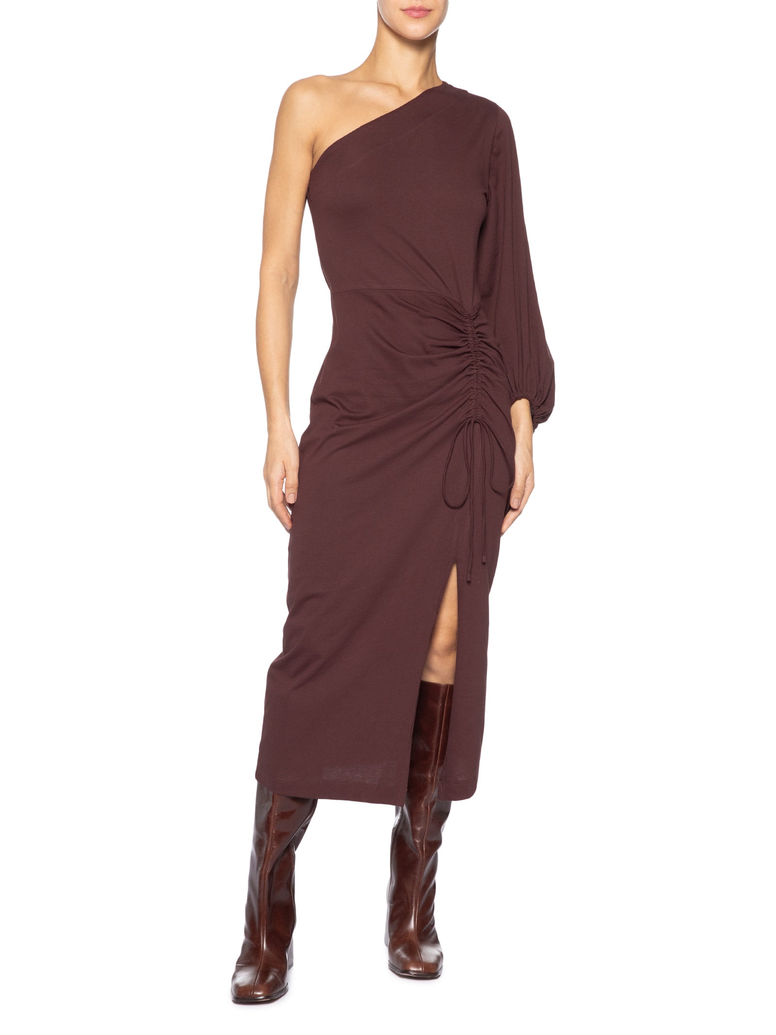 Vestido Midi Um Ombro Só Manga Longa Boho Marrom Animale