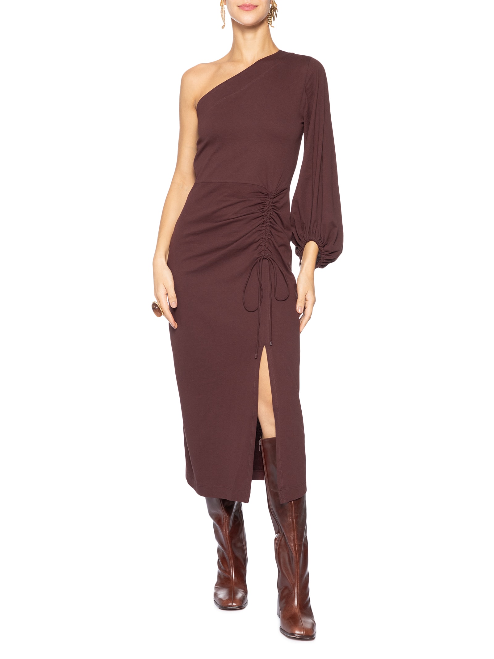 Vestido Midi Um Ombro Só Manga Longa Boho Marrom Animale