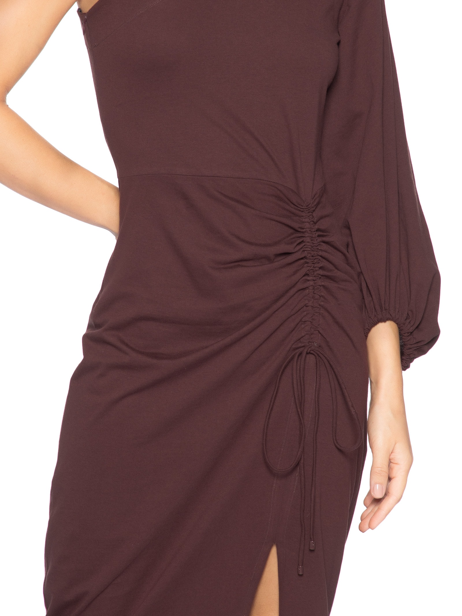 Vestido Midi Um Ombro Só Manga Longa Boho Marrom Animale