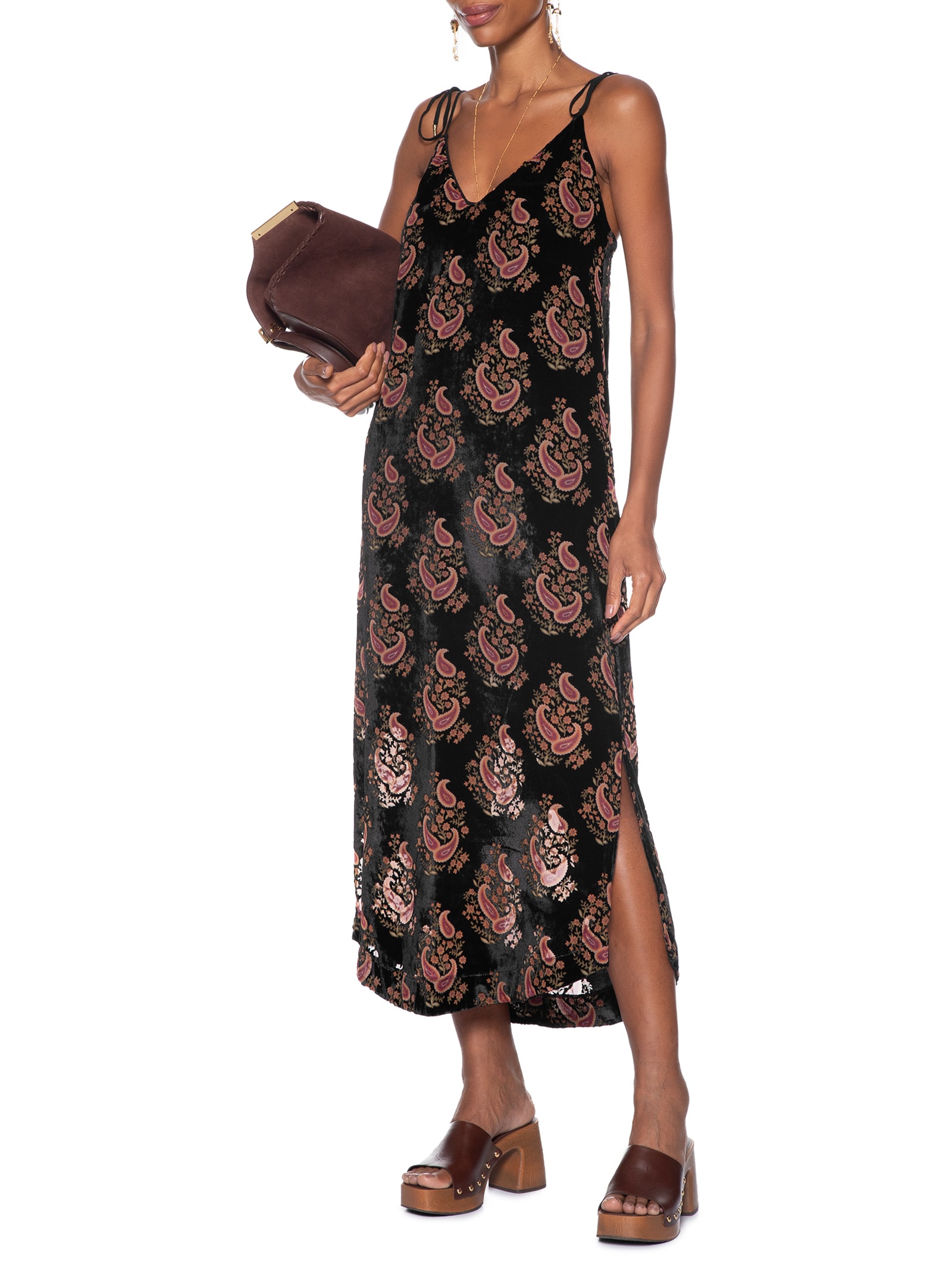 Vestido Midi Veludo Devorê Preto Maria Filó