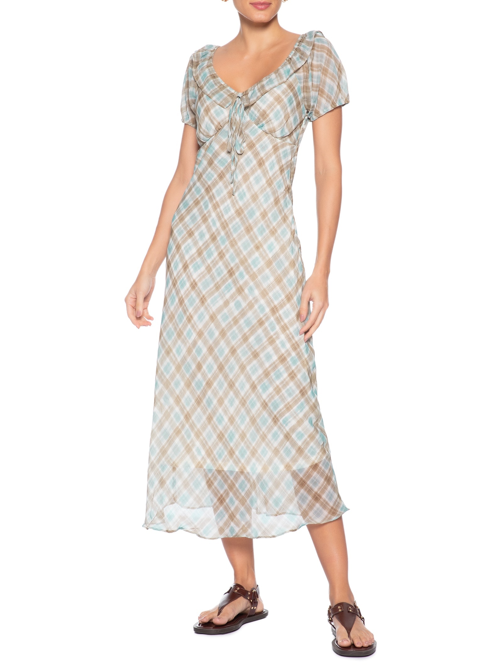 Vestido Midi Xadrez Com Amarração Azul Basiq