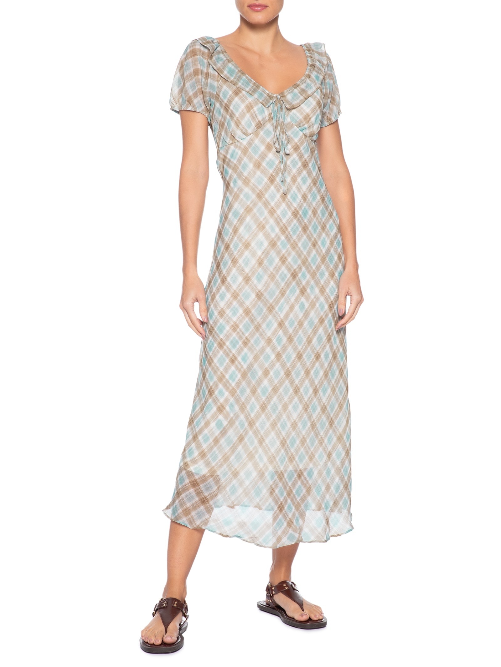 Vestido Midi Xadrez Com Amarração Azul Basiq
