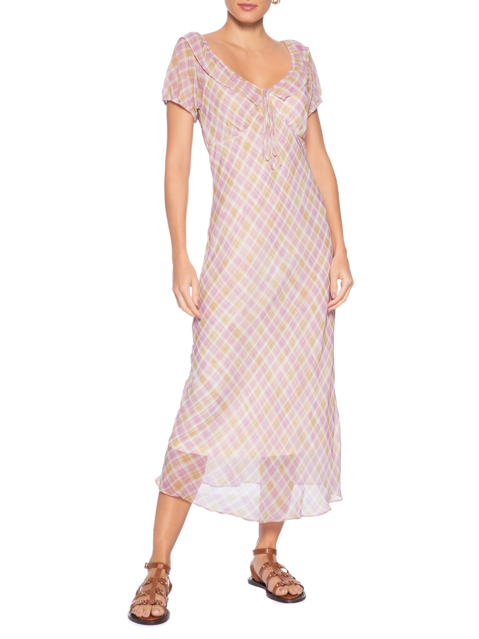 Vestido Midi Xadrez Com Amarração Rosa Basiq