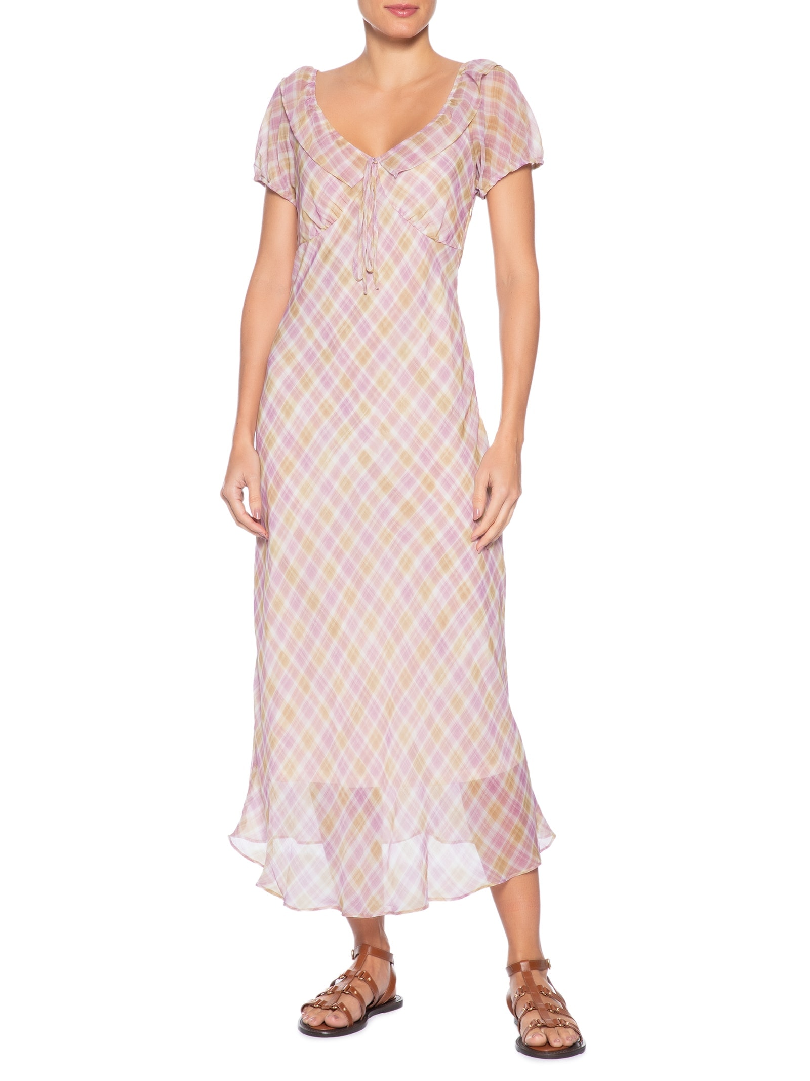 Vestido Midi Xadrez Com Amarração Rosa Basiq