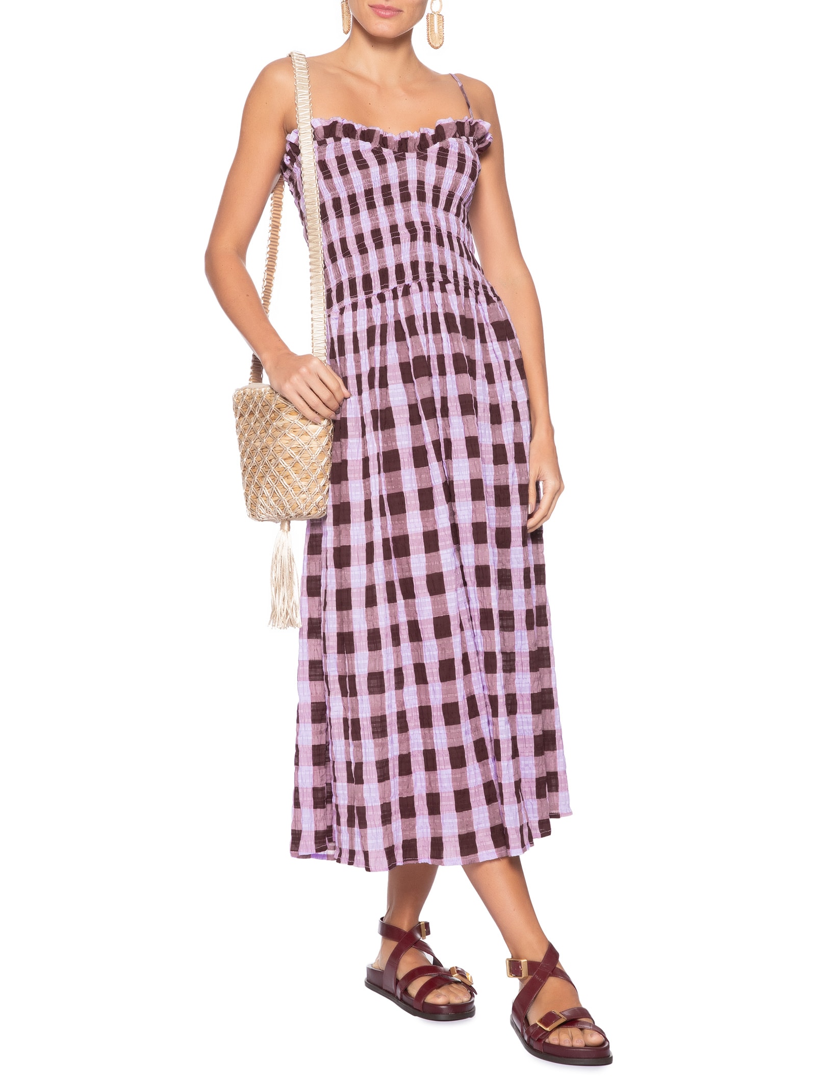 Vestido Midi Xadrez Romântico Roxo Farm