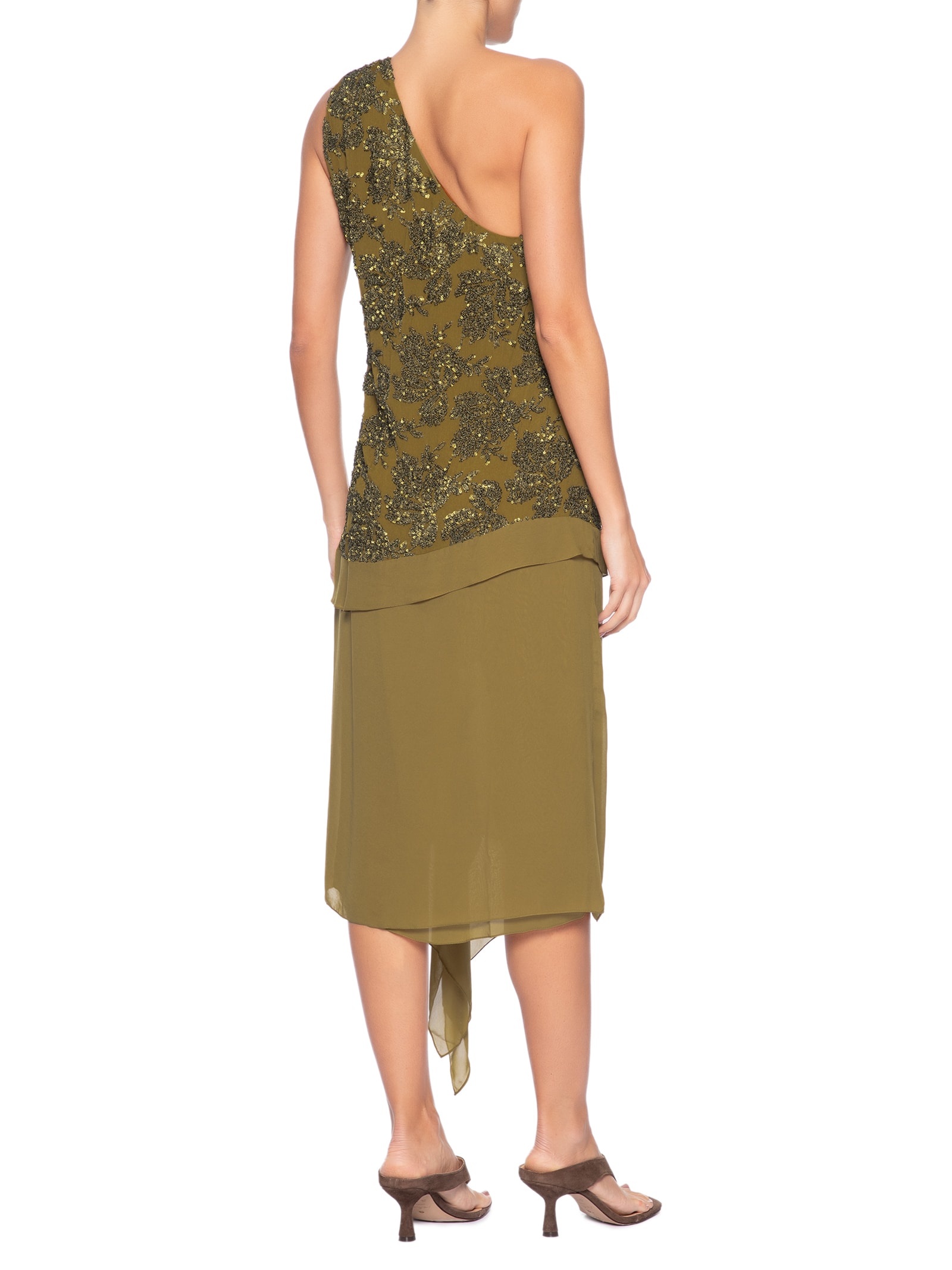 Vestido Ombro Paetê Azeitona Marrom Animale