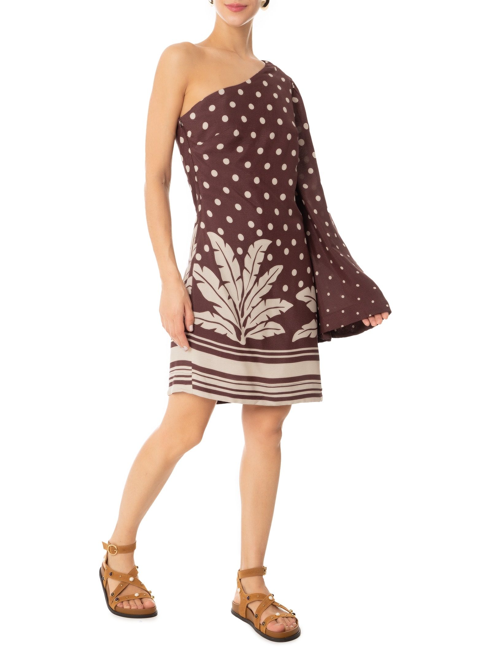 Vestido Ombro Só Crepe Estampa Palma Marrom Dress To