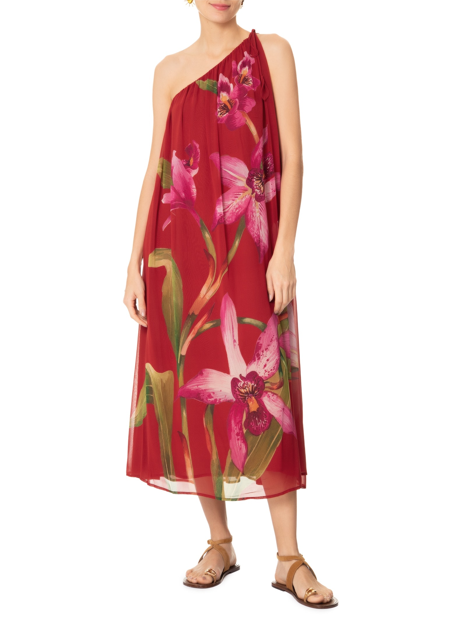Vestido Ombro Só Floral Orquídea Vermelho Farm