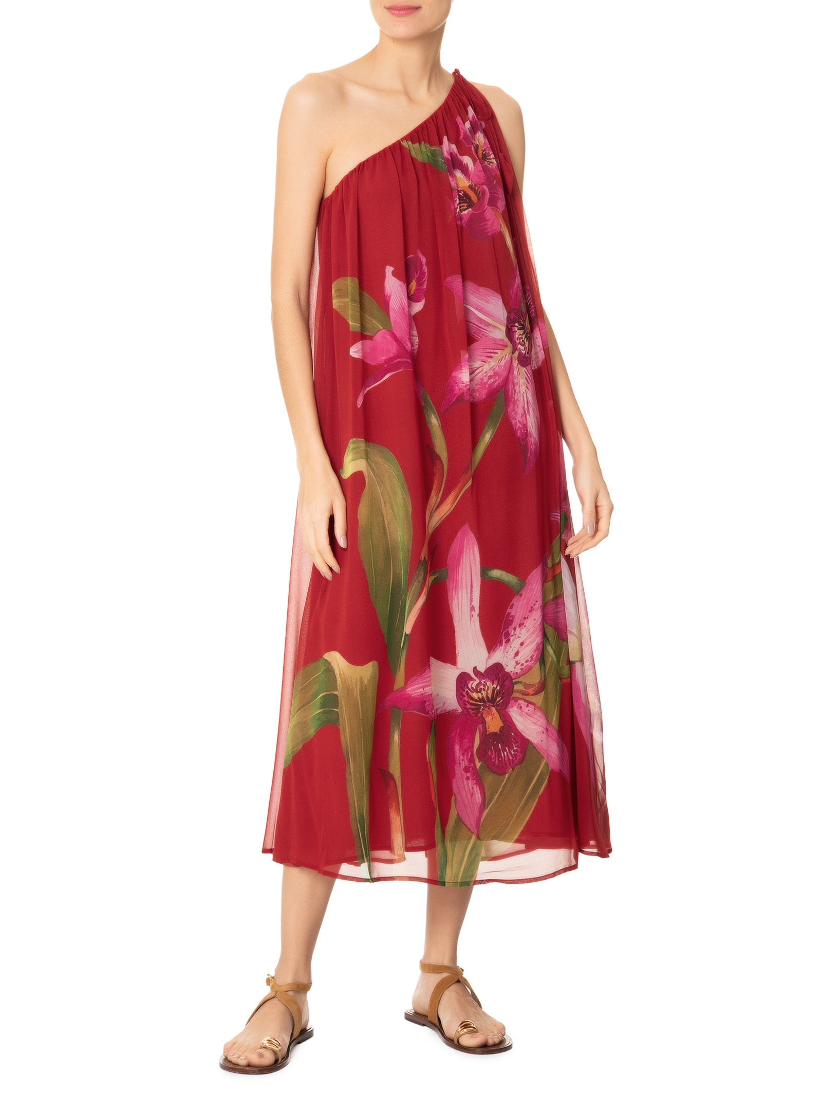 Vestido Ombro Só Floral Orquídea Vermelho Farm