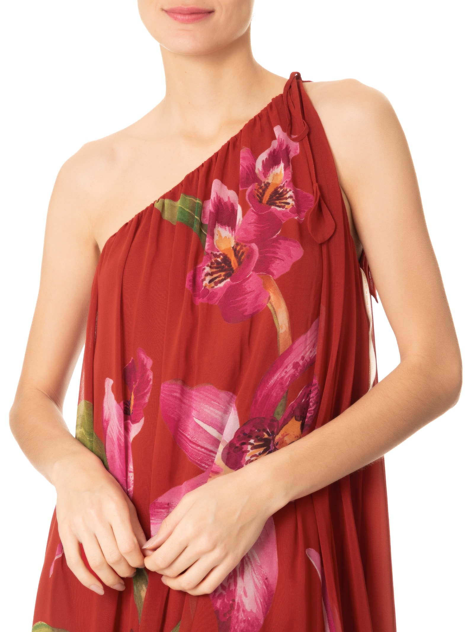 Vestido Ombro Só Floral Orquídea Vermelho Farm
