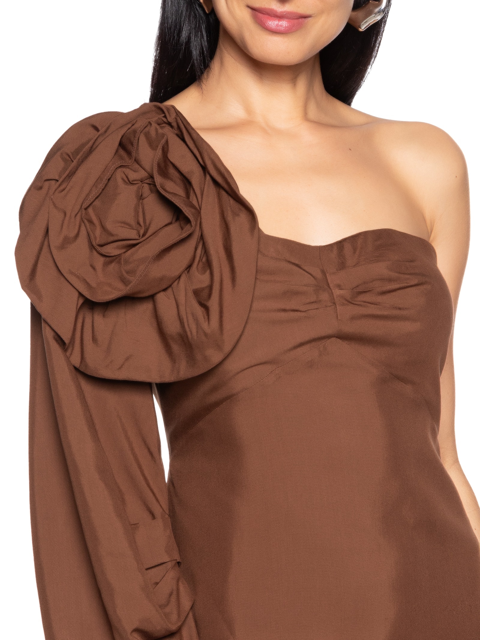 Vestido Ombro Único Maxi Flor Marrom Colcci