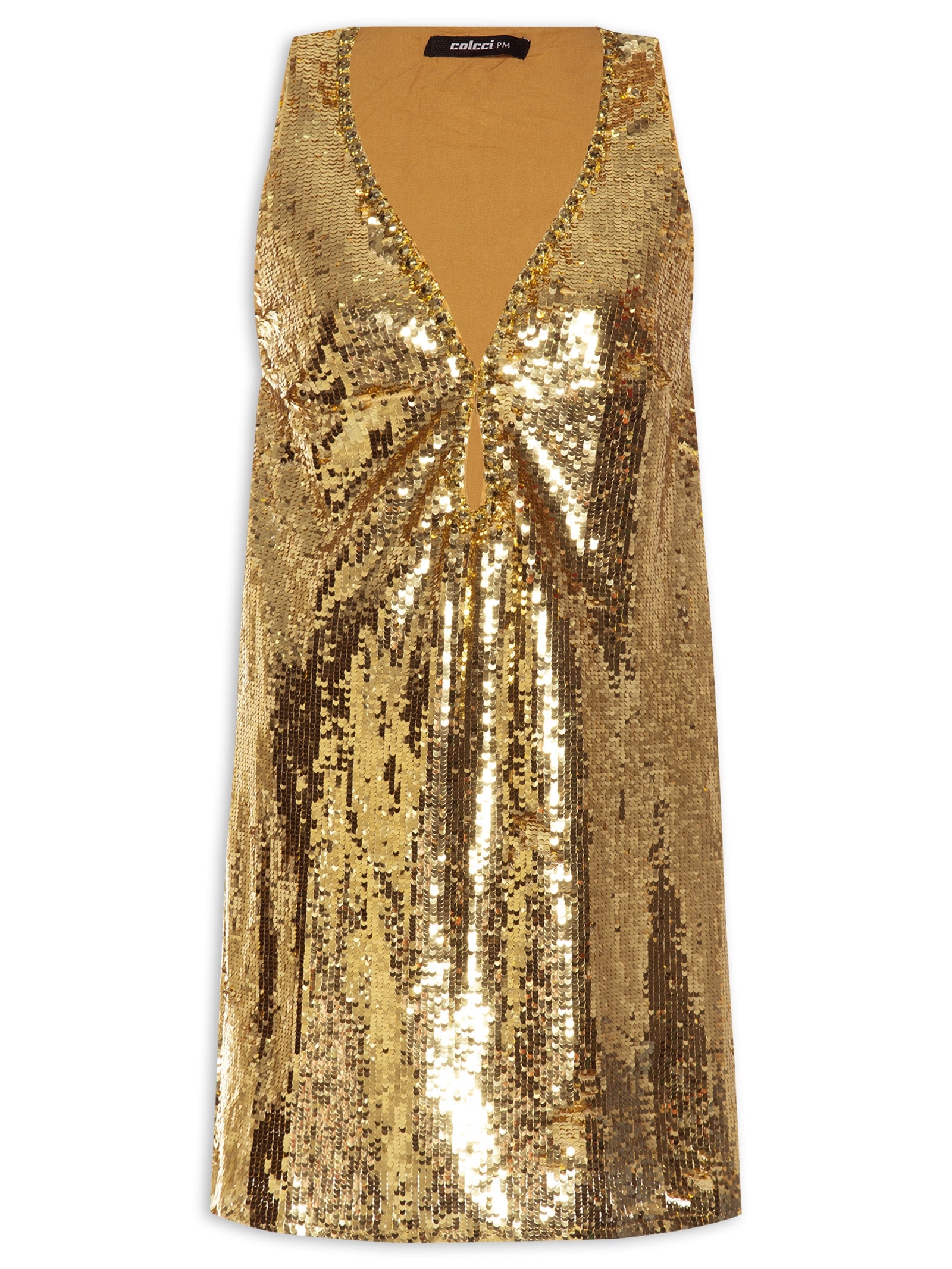 Vestido Paetê com Bordado Manual Dourado  Colcci