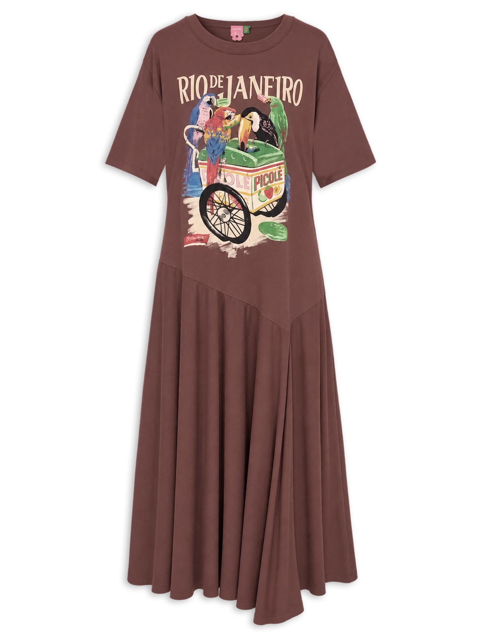 Vestido Pássaros Com Picolé Marrom Farm