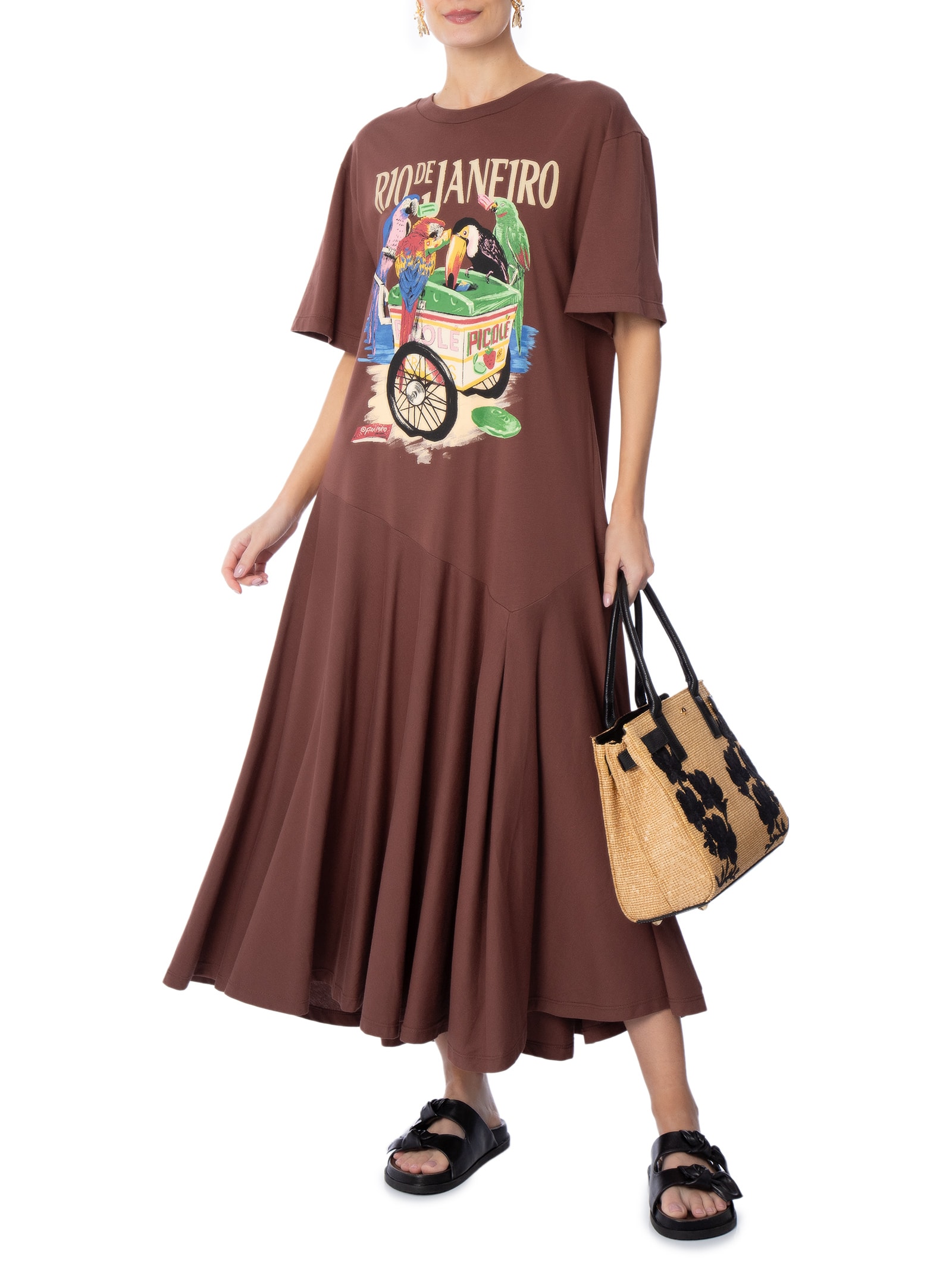 Vestido Pássaros Com Picolé Marrom Farm