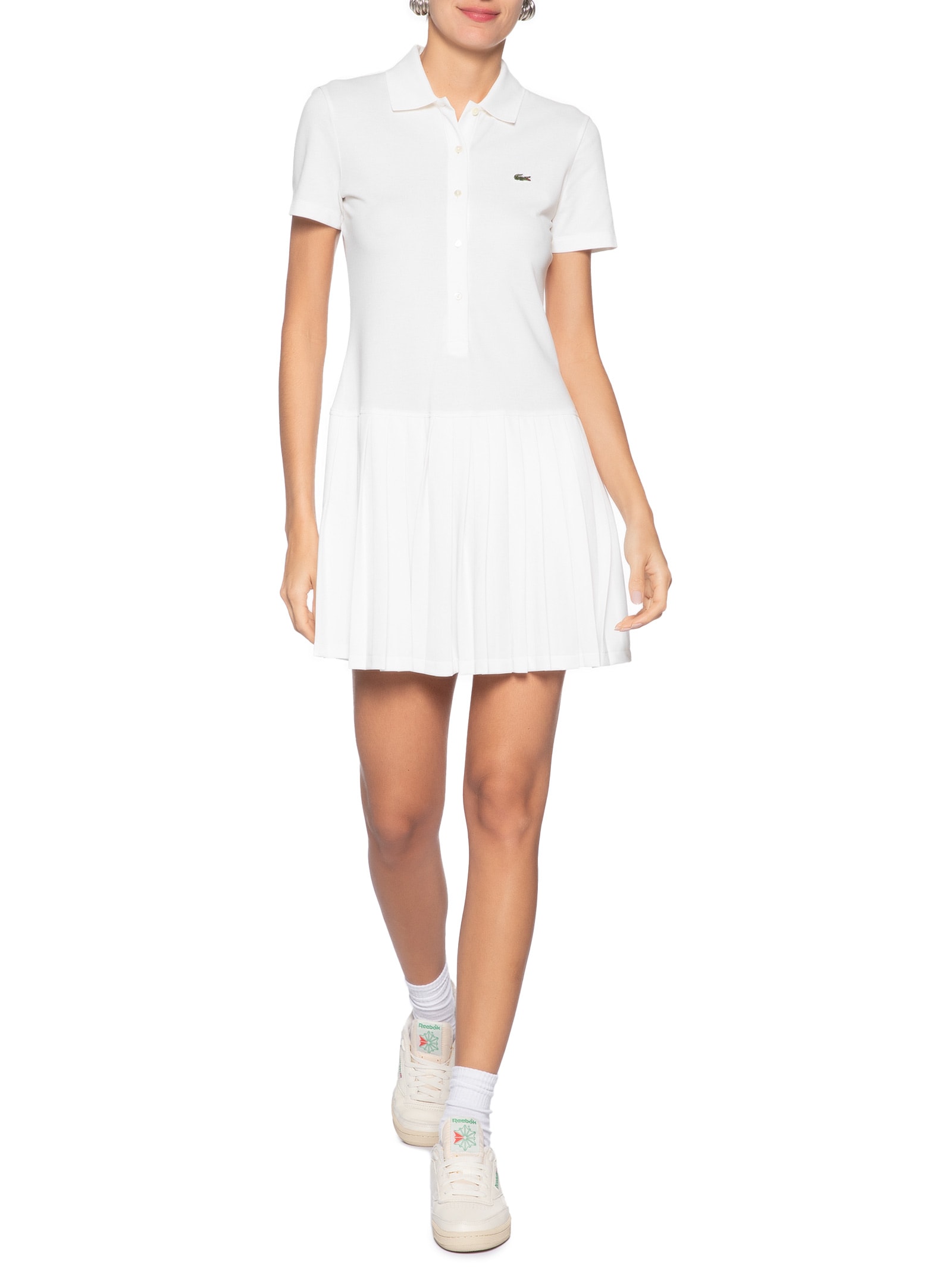 Vestido Polo Plissado Em Piqué Stretch Branco Lacoste