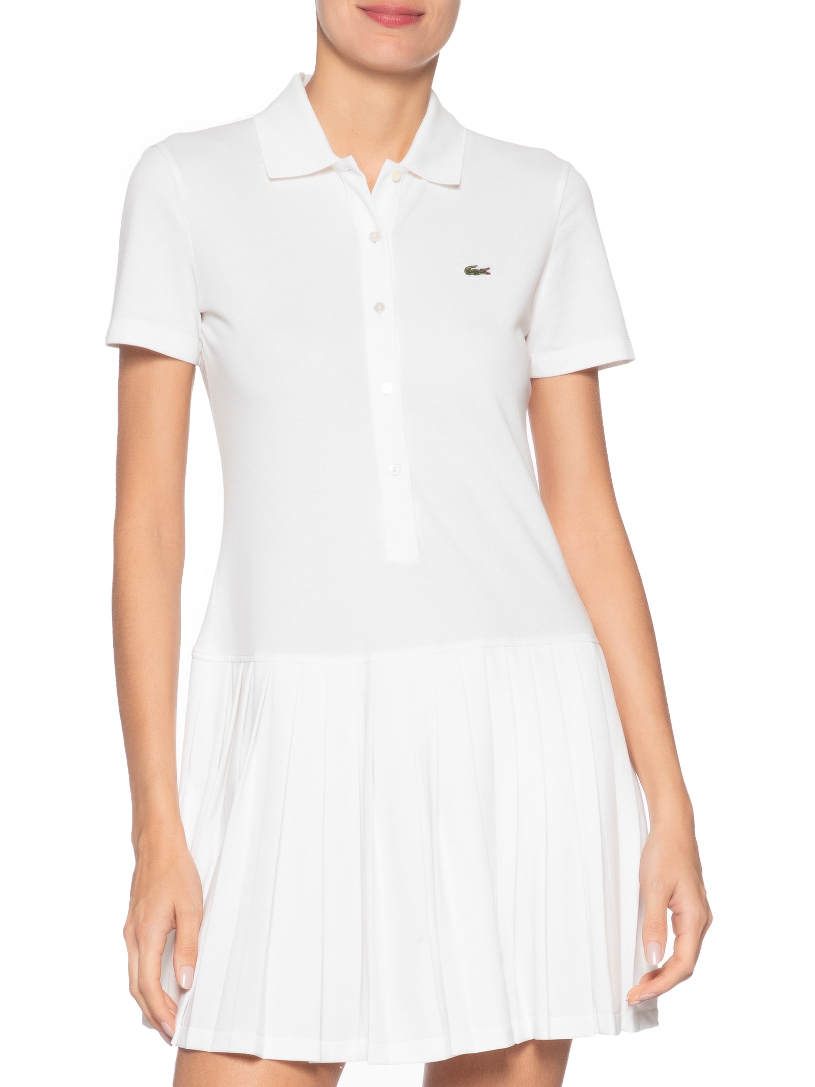 Vestido Polo Plissado Em Piqué Stretch Branco Lacoste