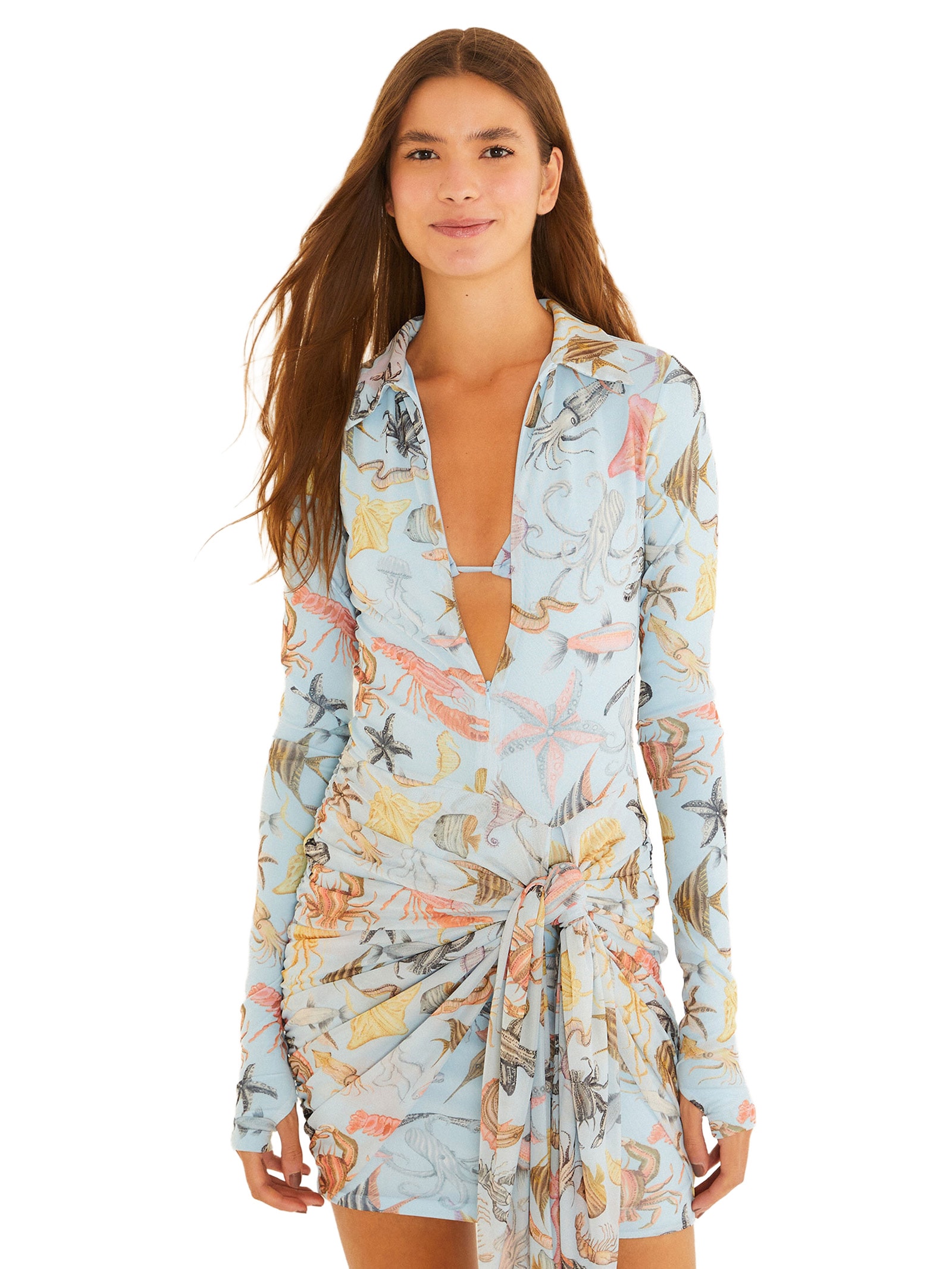 Vestido Polo Tule Vida Marinha Azul Farm Praia