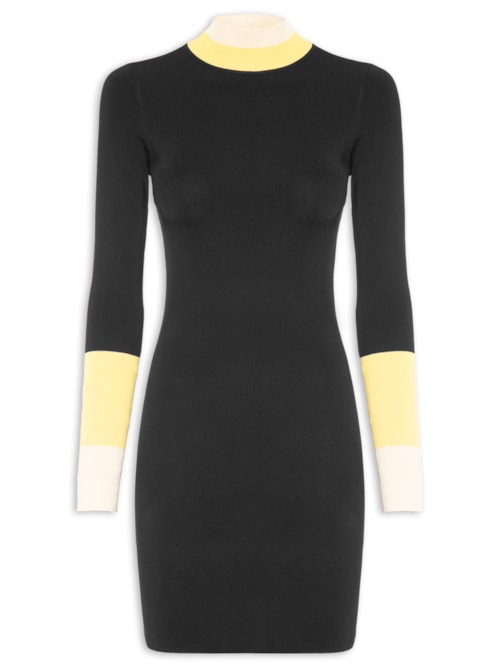 Vestido Punho Listrado De Tricot - Preto