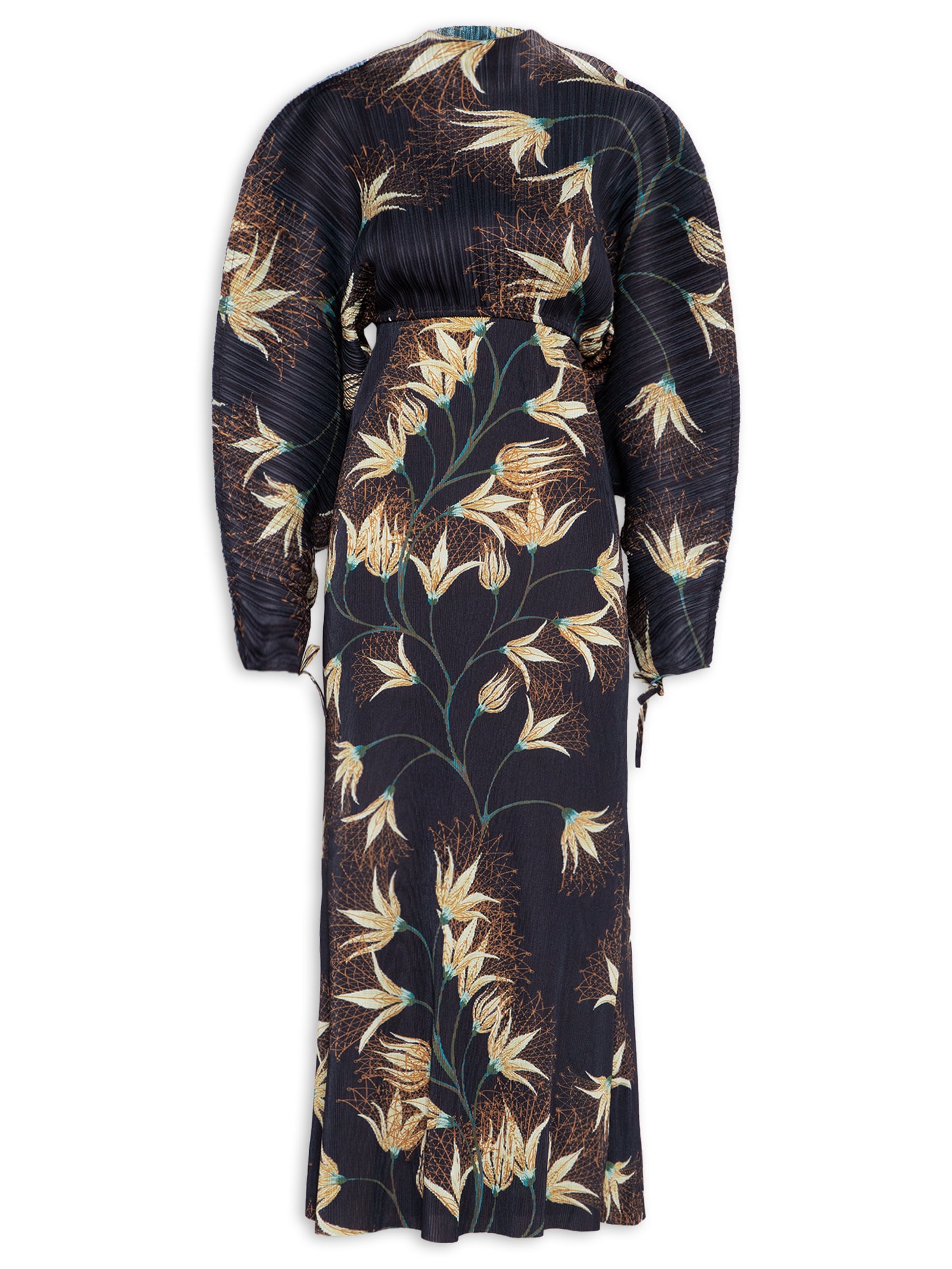 Vestido Ranglan Duo Plissê Floral Trama Preto Osklen