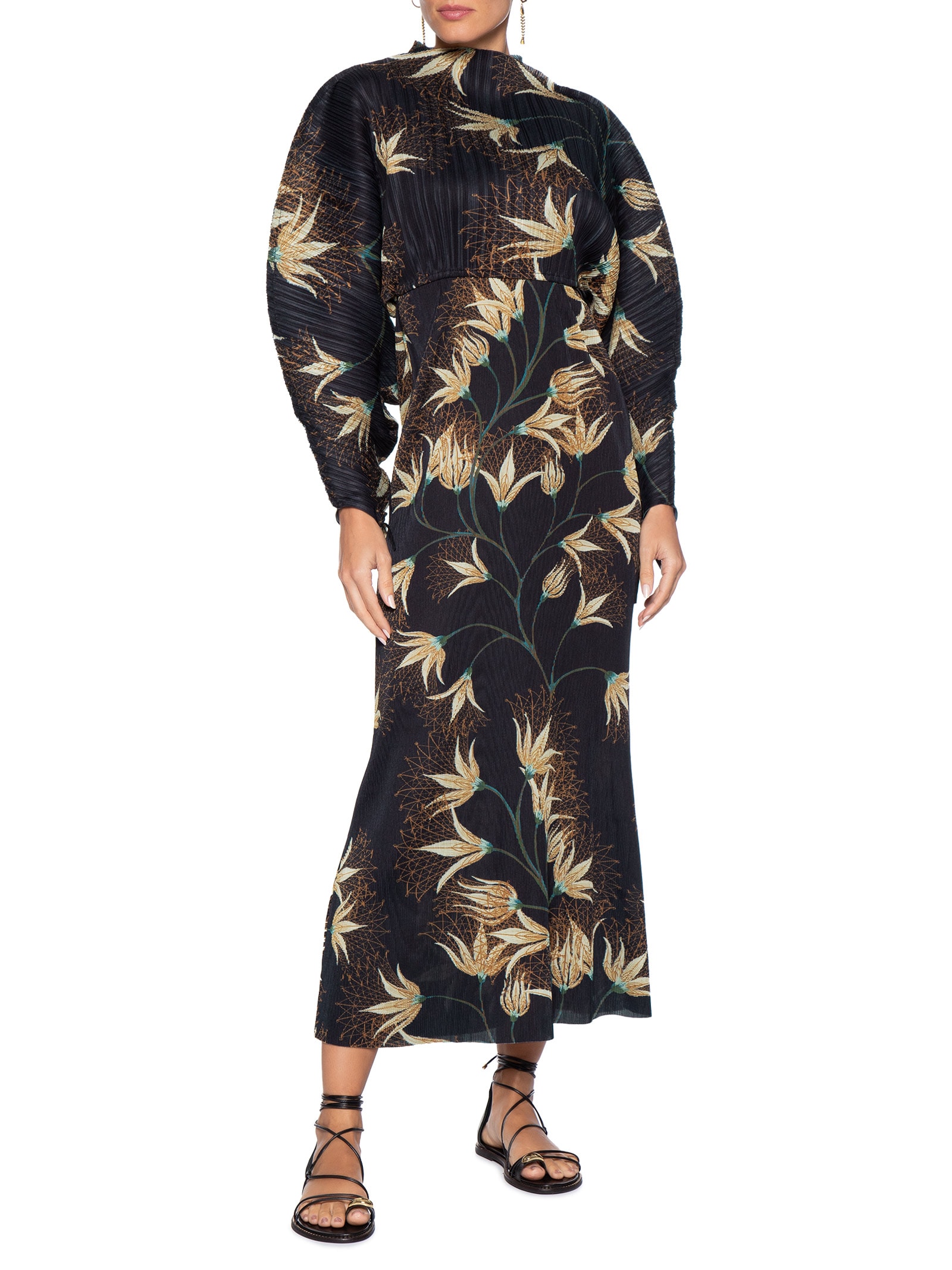 Vestido Ranglan Duo Plissê Floral Trama Preto Osklen