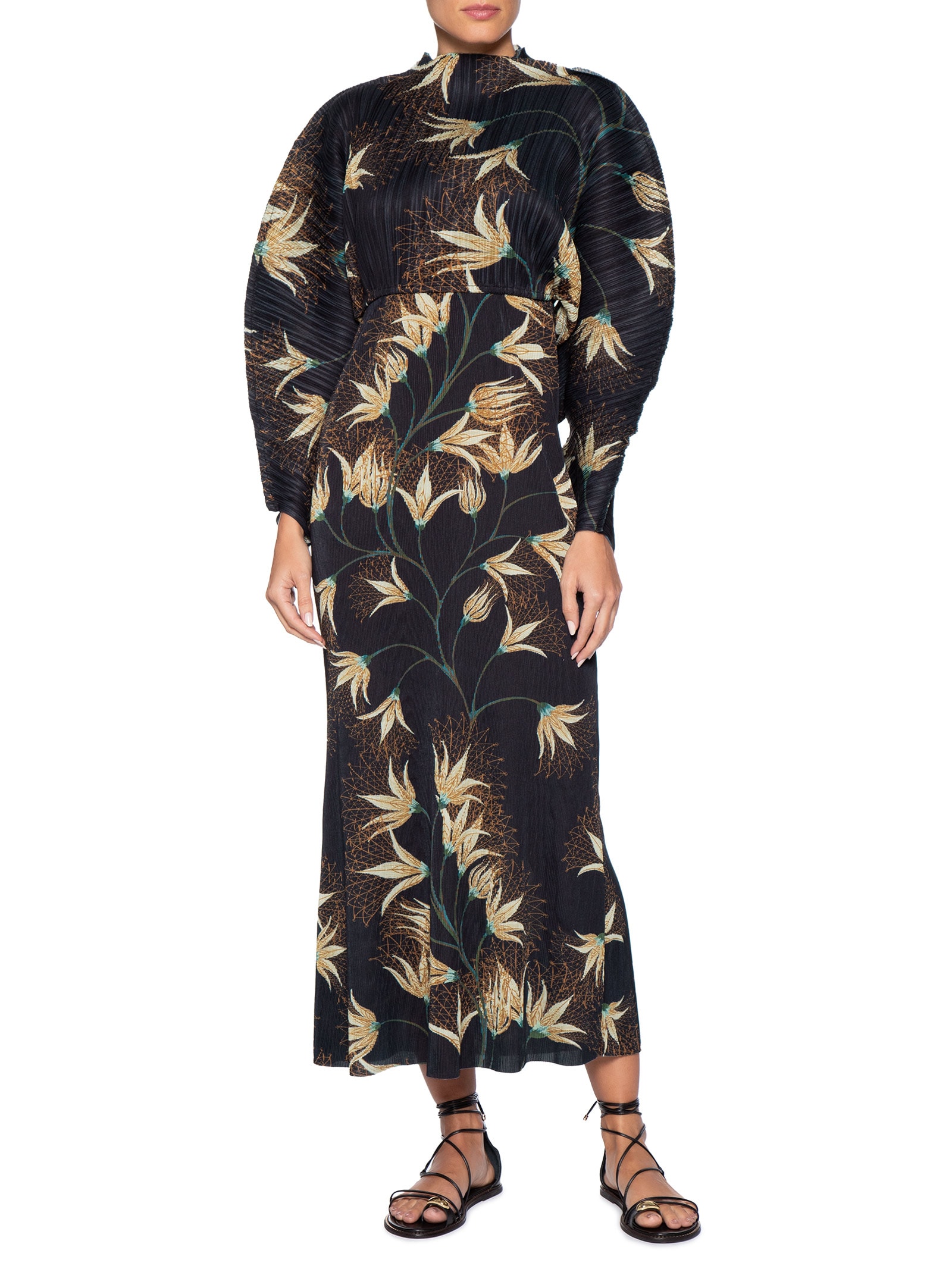 Vestido Ranglan Duo Plissê Floral Trama Preto Osklen