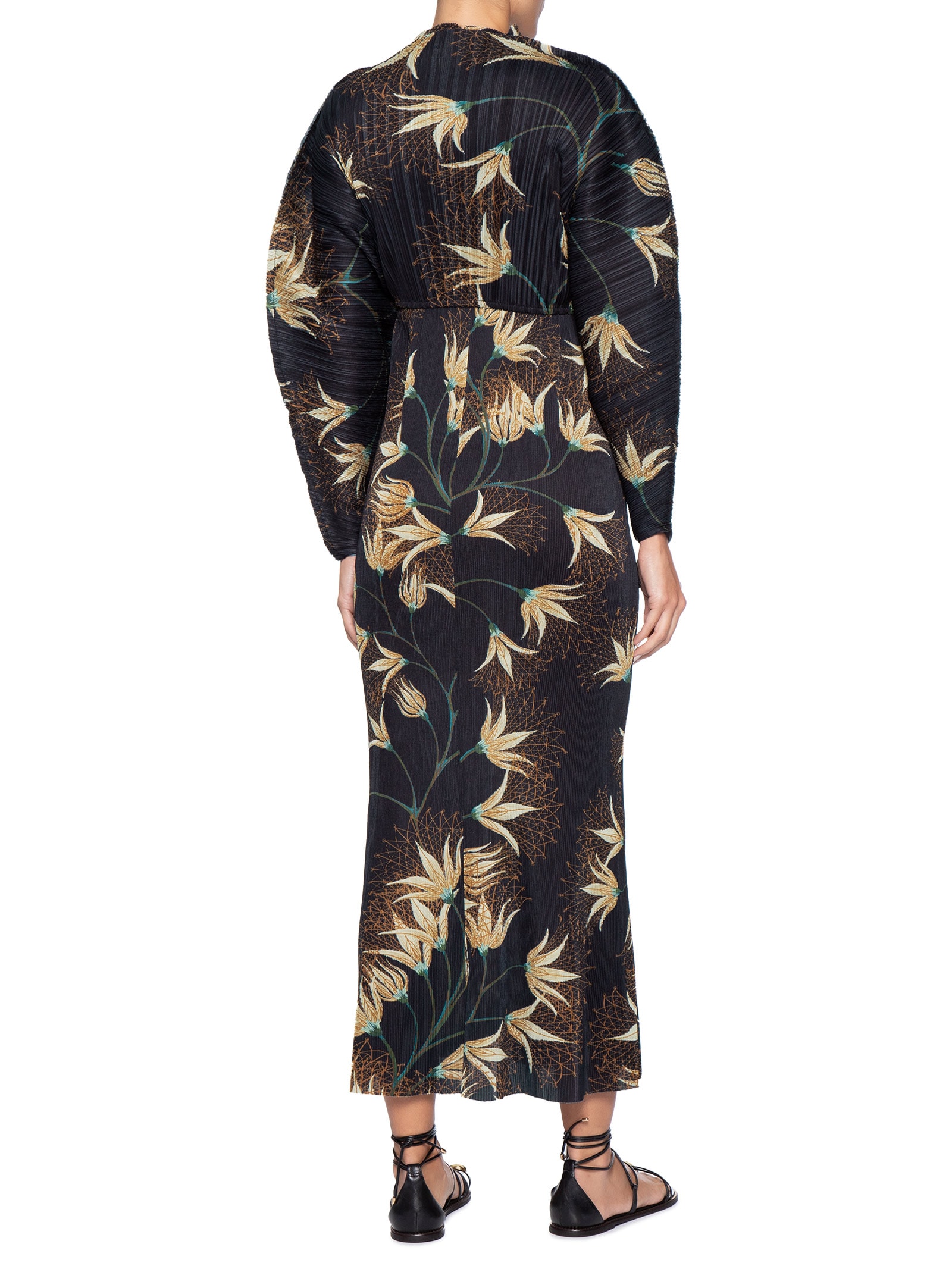 Vestido Ranglan Duo Plissê Floral Trama Preto Osklen