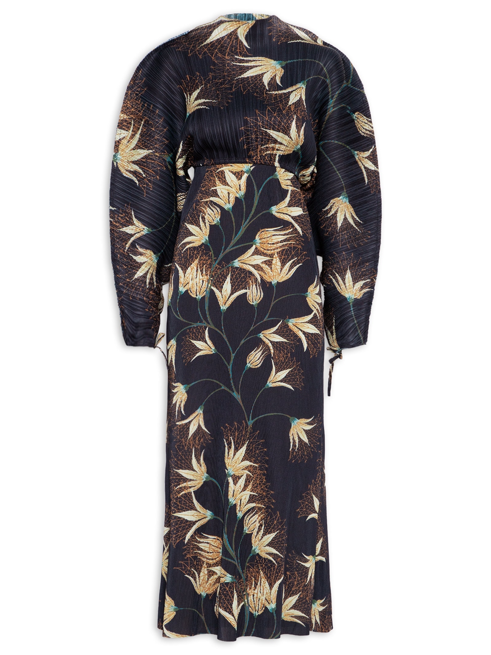Vestido Ranglan Duo Plissê Floral Trama Preto Osklen