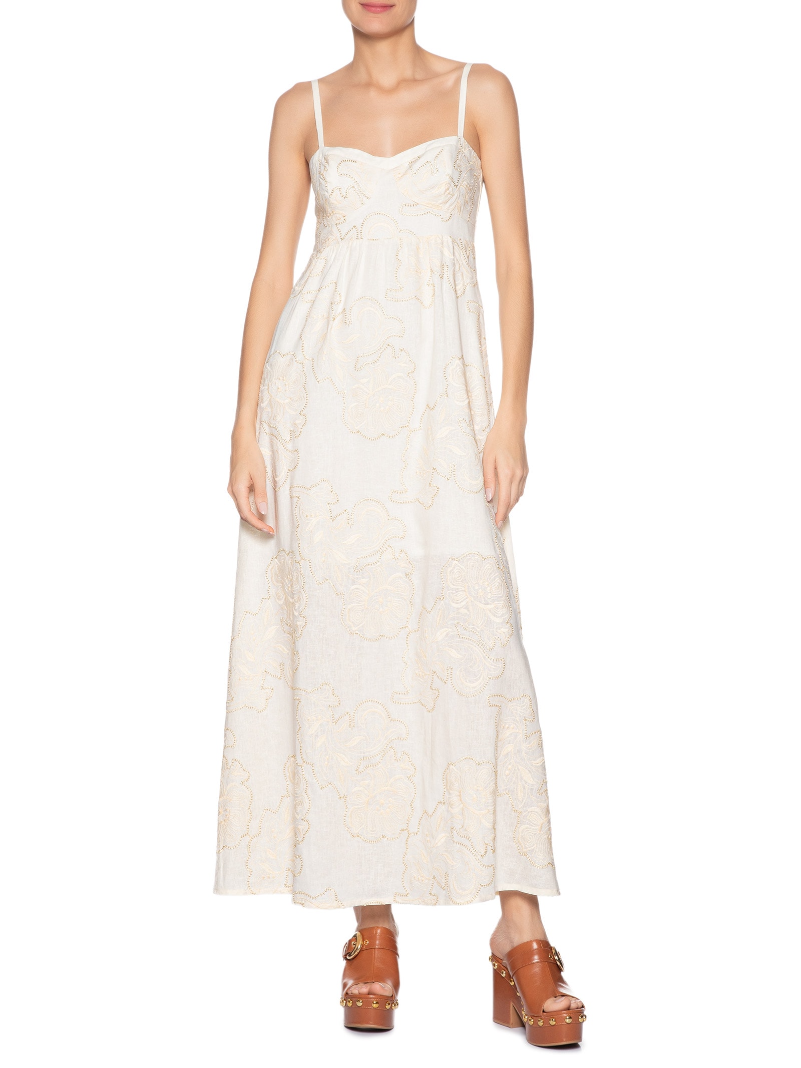 Vestido Recortes Busto Bordado Magnoli Off White Maria Filó