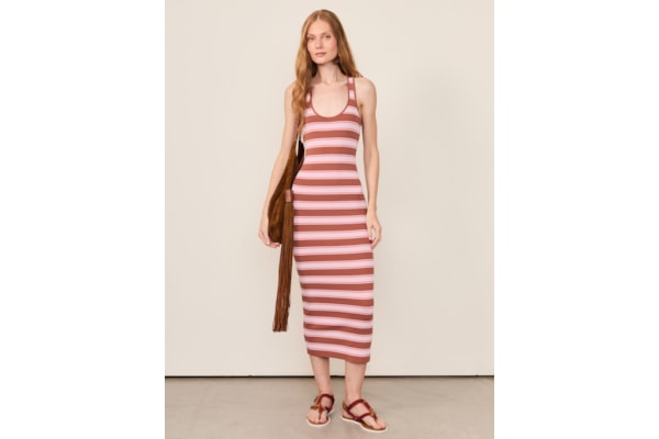 Vestido Regata De Tricot Com Listra Bico - Rosa