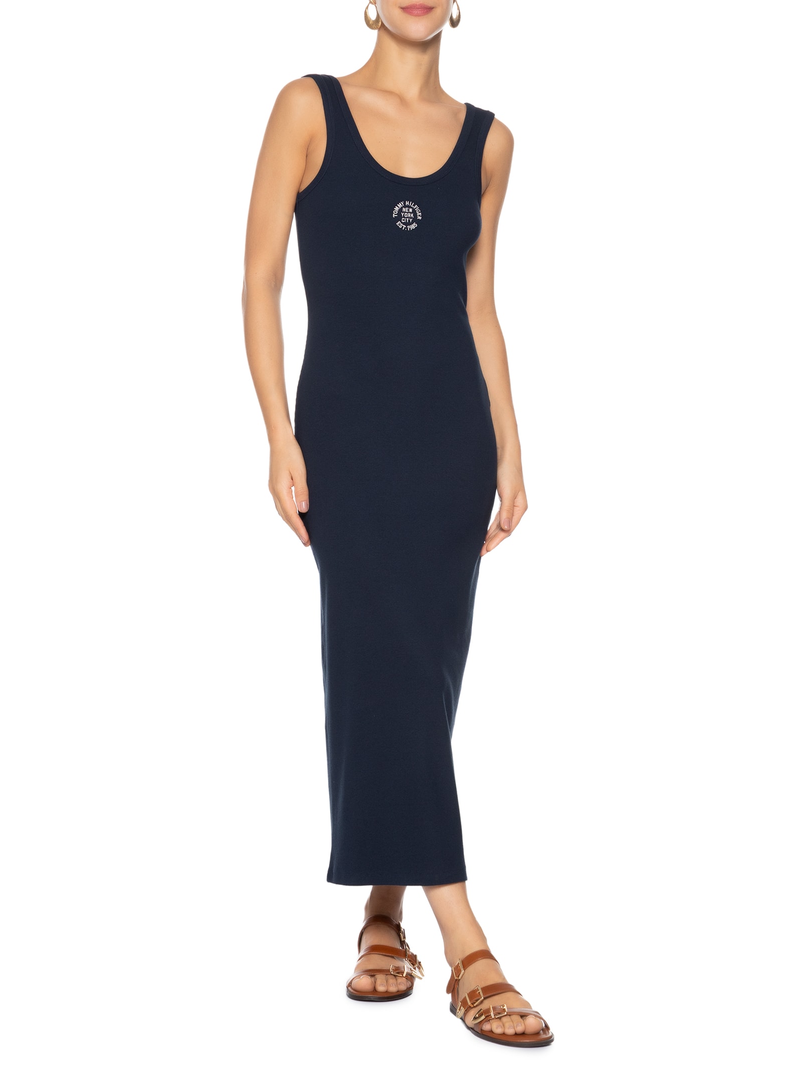 Vestido Roundall Rib Slim Tank Dress Azul Tommy Hilfiger