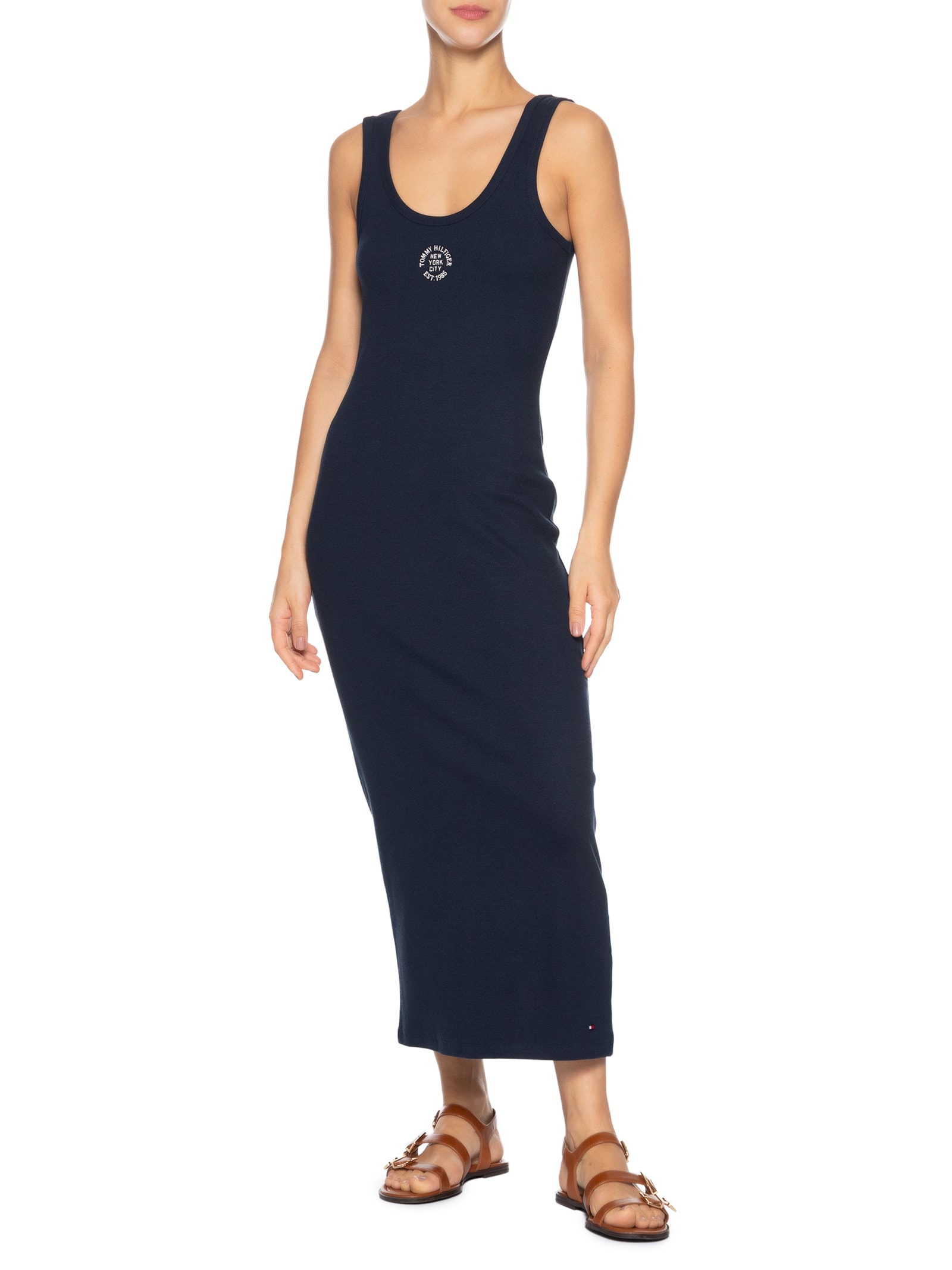 Vestido Roundall Rib Slim Tank Dress Azul Tommy Hilfiger