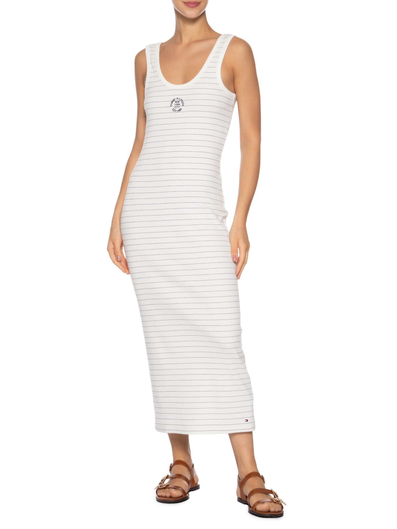 Vestido Roundall Rib Slim Tank Dress Branco Tommy Hilfiger