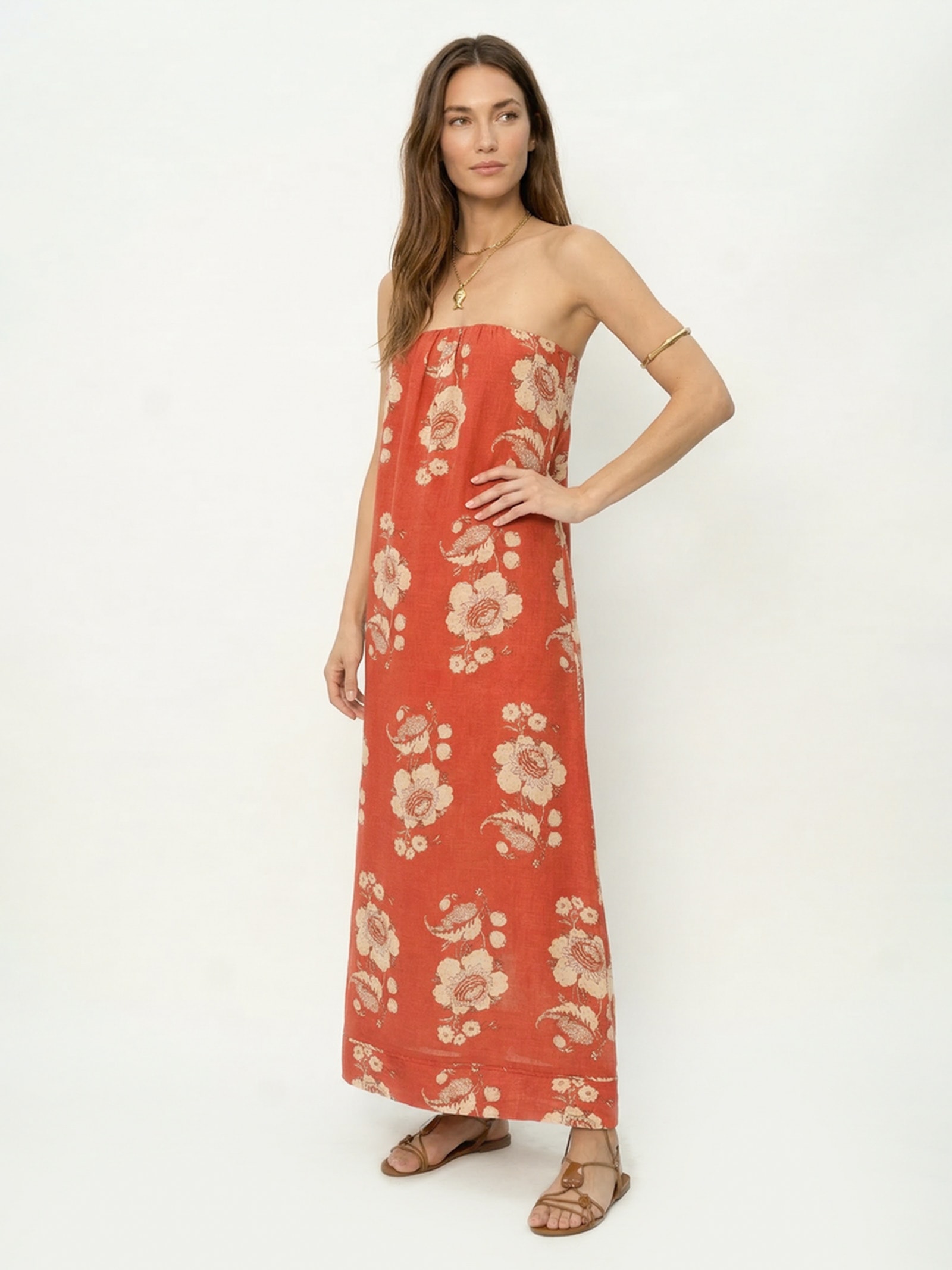 Vestido Sem Alça Estampa Fleur A Vermelho Maria Filó